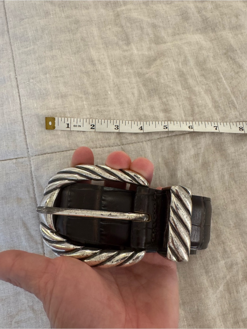 Women's Dark Brown Leather Belt with Textured Silver Buckle